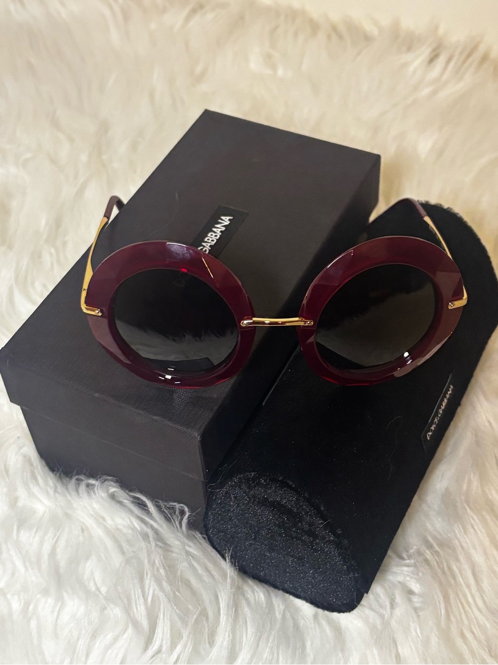 Dolce & Gabbana Round Maroon Frame Sunglasses with Gold Accents